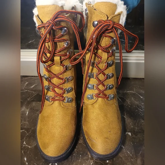 Nine West Tan Suede 4" Block Heel Boots with Red Laces - Picture 2 of 14